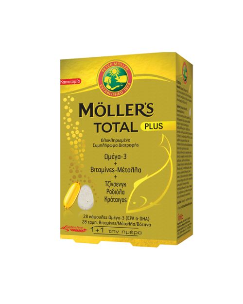 Moller’s Total Plus Ιχθυέλαιο Ωμέγα 3 28 κάψουλες Βιταμίνες & Μέταλλα, Τζίνσενγκ, Ροδιόλα & Κράταιγος 28 ταμπλέτες