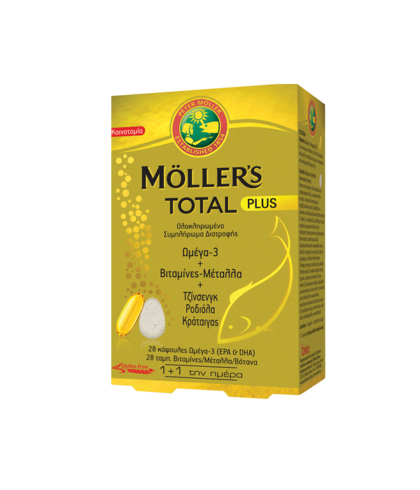 Moller’s Total Plus Ιχθυέλαιο Ωμέγα 3 28 κάψουλες Βιταμίνες & Μέταλλα, Τζίνσενγκ, Ροδιόλα & Κράταιγος 28 ταμπλέτες