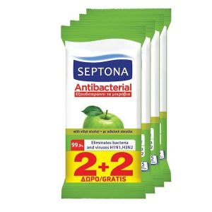 Septona Антибактериални кърпички за ръце с аромат на зелена ябълка 2 & 2 подарък 60бр.