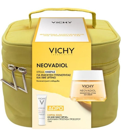 Vichy Promo Neovadiol Дневен Крем Против Бръчки 50мл Подаръчен Capital Soleil UV-AGE DAILY SPF50+ 15мл в Жълта Козметична Чантичка 1 бр.